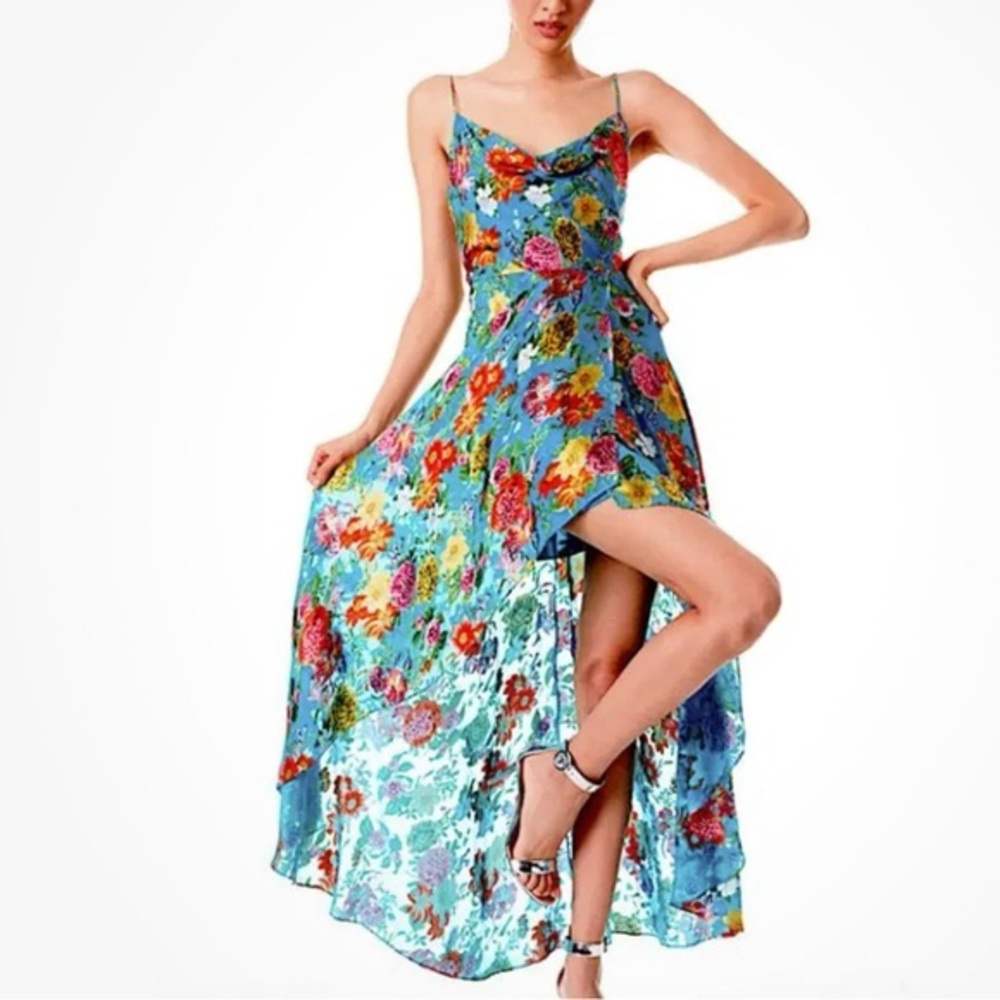 Alice + Olivia Asymmetrical Floral Dress in Blue and Pink